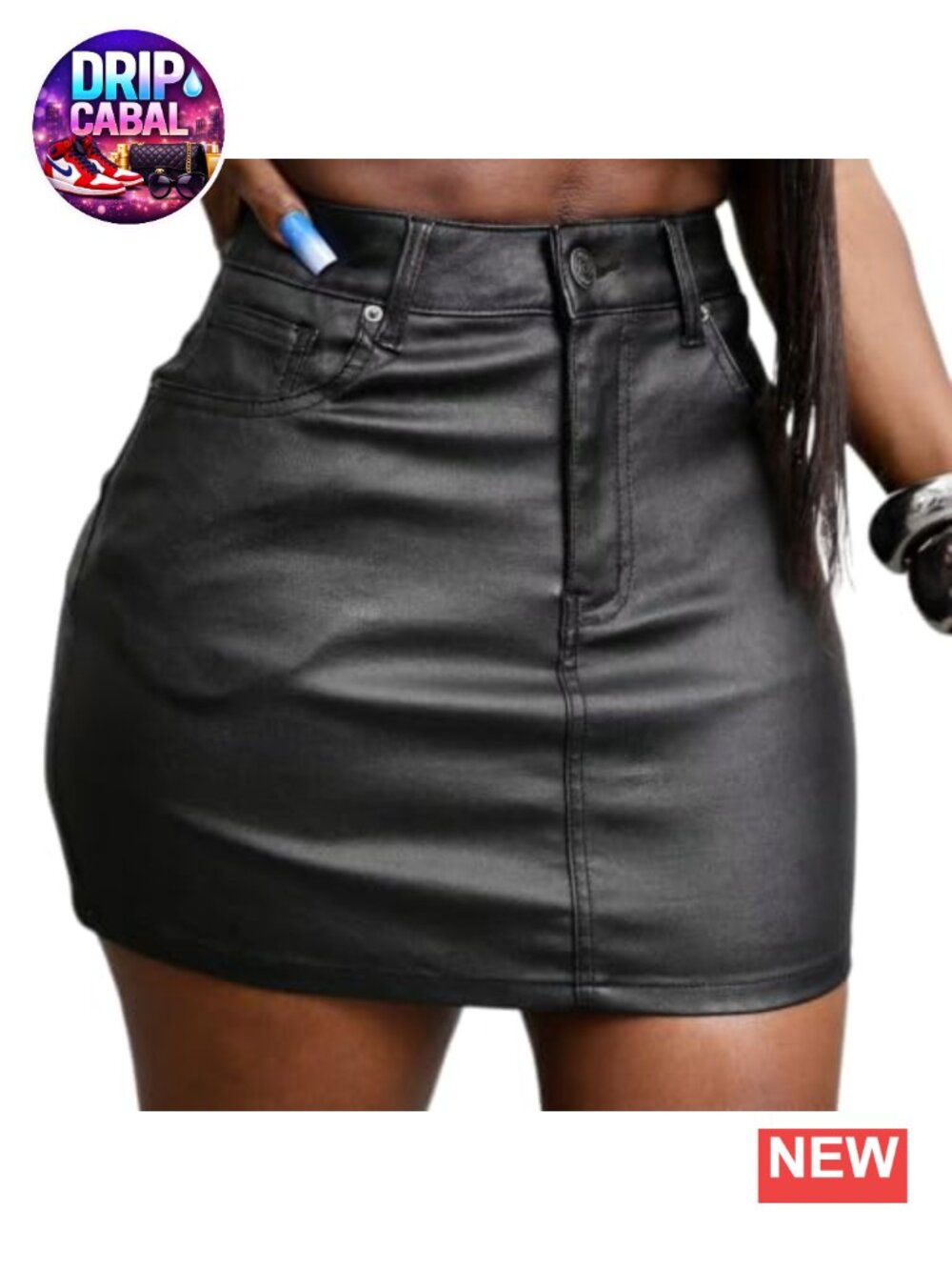 Faux Leather Bodycon Mini Skirt with Pocket